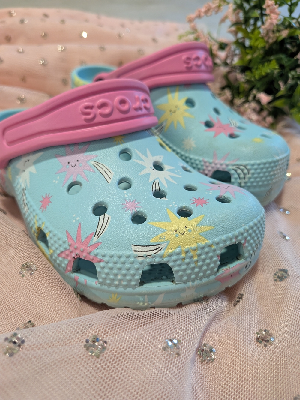 CROCS Kids Light Blue Clogs with Pink Strap and Star Motif